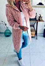 Women's Chunky Knit Cardigan with Hood and Cable Knit Pattern