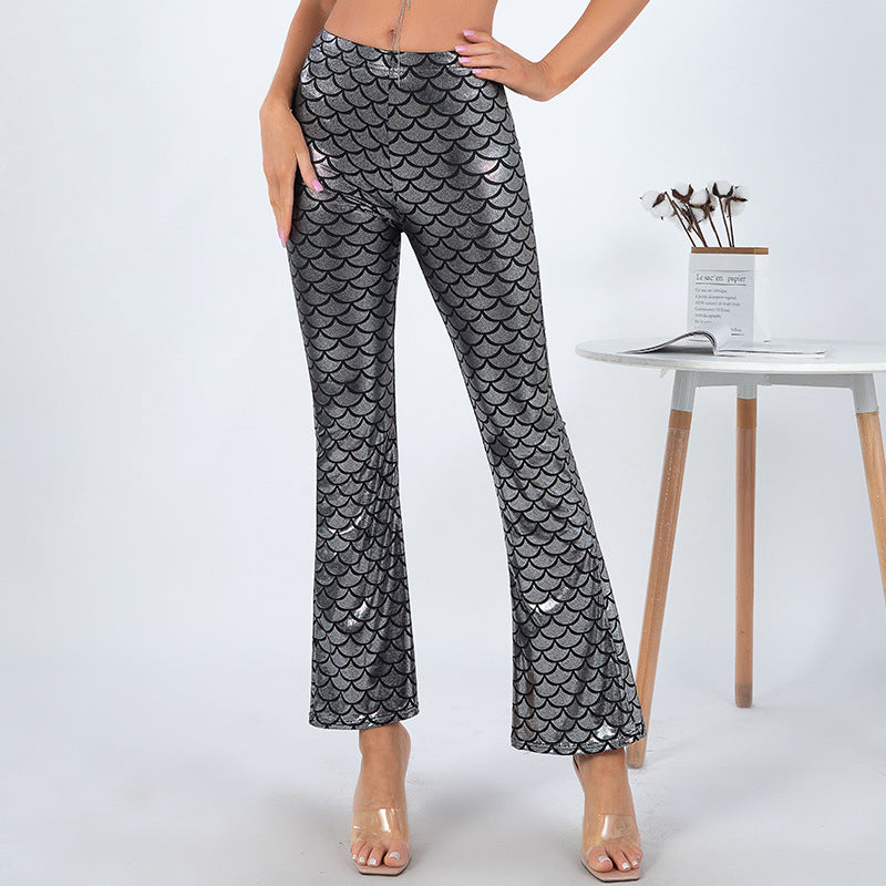 Women's Shiny Flared Pants with Scale Pattern