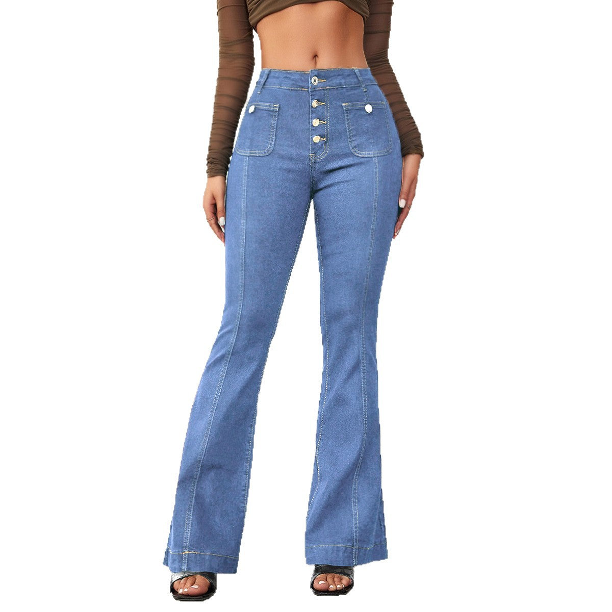 Women's High-Waisted Flared Jeans with Button Details