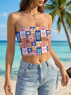 Women's Bandeau Top with Playful Dinosaur Motif and Elastic Cut