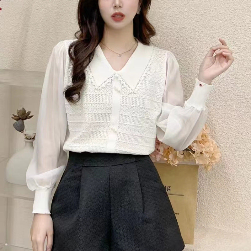 Blouse with Lace Collar and Decorative Buttons