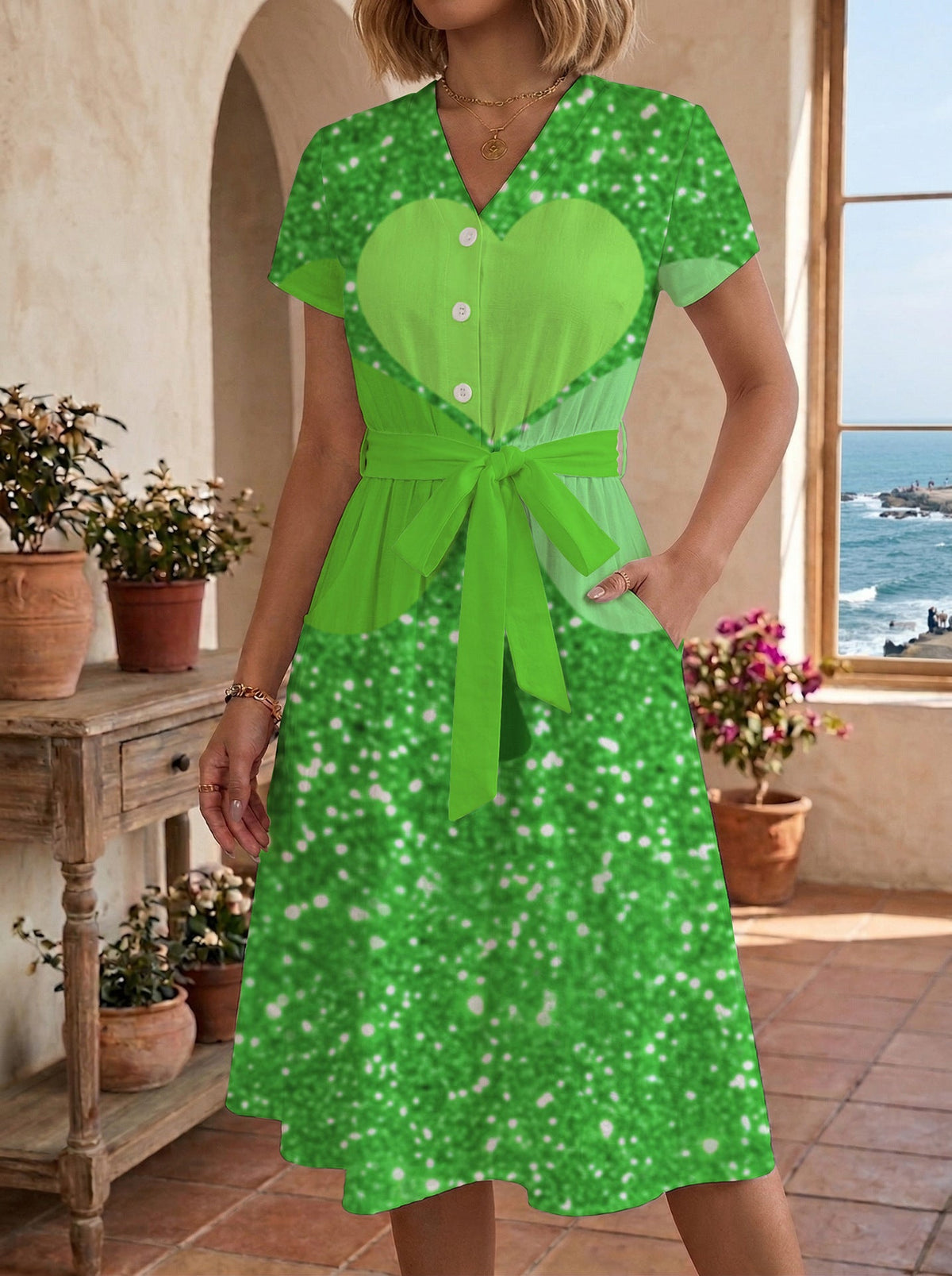 Women's Floral Midi Dress with Adjustable Belt