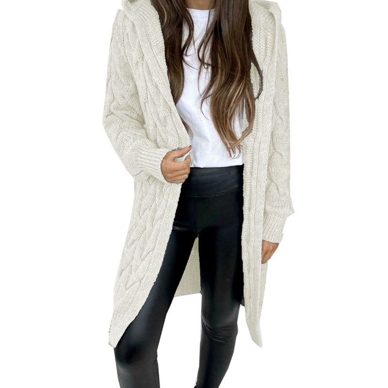Women's Long Knit Coat with Textured Cable Design and Practical Hood