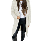 Women's Long Knit Coat with Textured Cable Design and Practical Hood