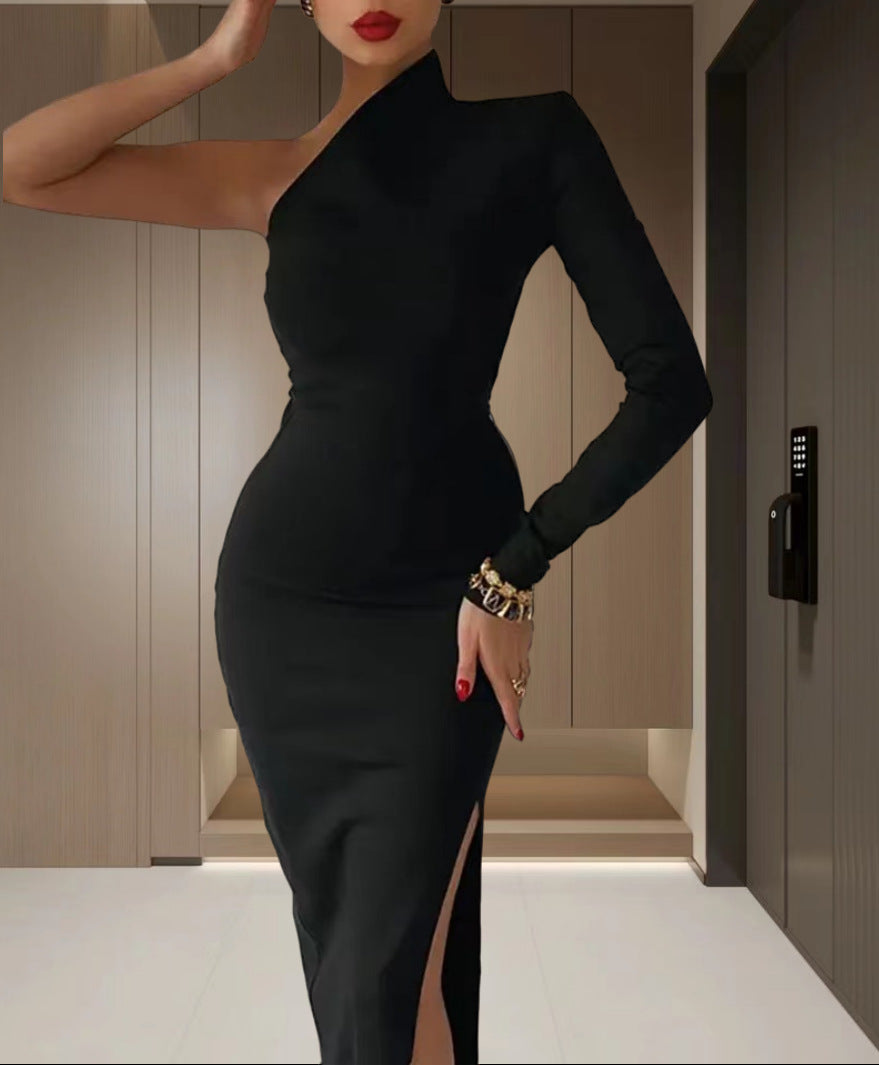 Elegant Asymmetrical Evening Dress with High Slit and Long Sleeve