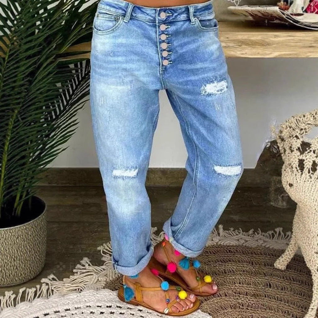 Women's Denim Pleated Trousers with Button Placket and Destroyed Effect
