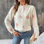 Women's Blouse Top with Embellished Puff Sleeves and Classic Stand-Up Collar
