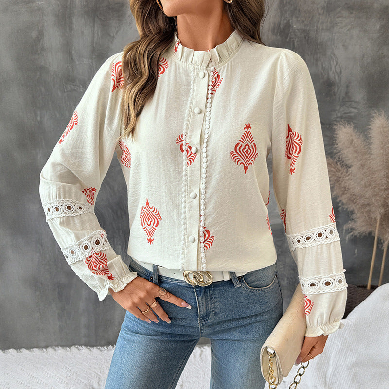 Women's Blouse Top with Embellished Puff Sleeves and Classic Stand-Up Collar