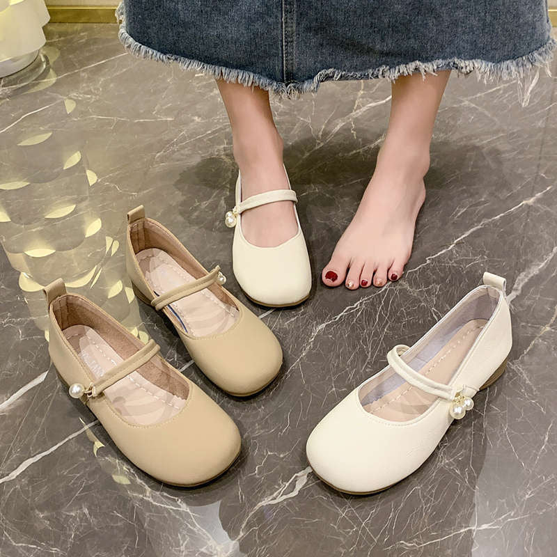 Women's Ballet Flats with Elegant Strap and Pearl Details