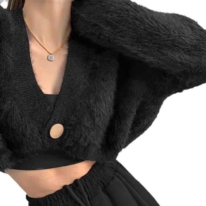 Women's Cropped Cardigan with Voluminous Sleeves and Button Detail