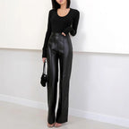Women's Elegant High-Waist Faux Leather Wide-Leg Trousers