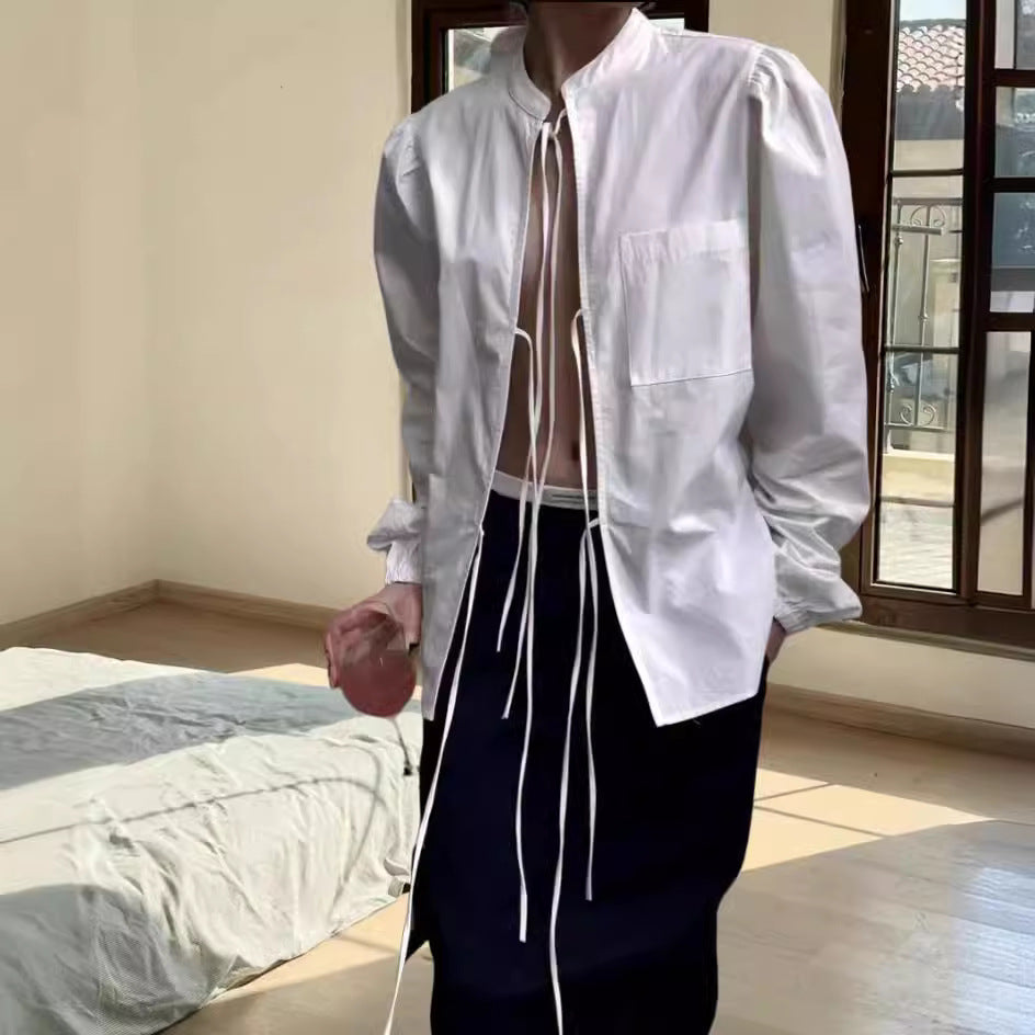 Button-Down Blouse with Decorative Tie Detail