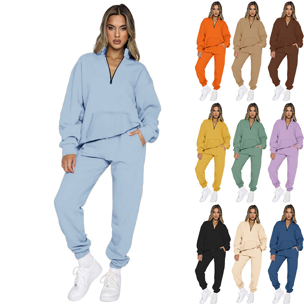 Women's Comfortable Leisure Outfit with High Collar and Kangaroo Pocket