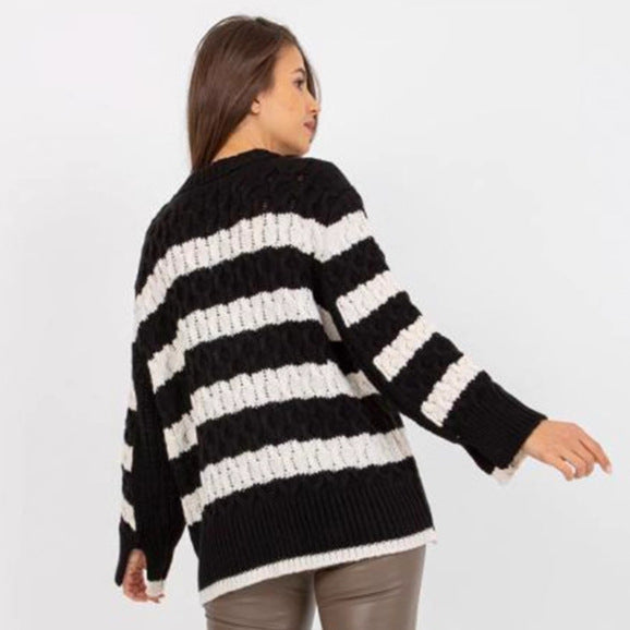 Women's Chunky Knit Sweater with Striped Pattern and Voluminous Sleeves