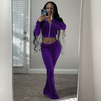 Women's Comfortable Velour Lounge Set with Zip-Up Top and Wide Leg