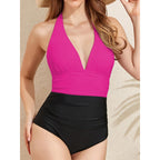 Women's V-Neck Swimsuit with Color Contrast
