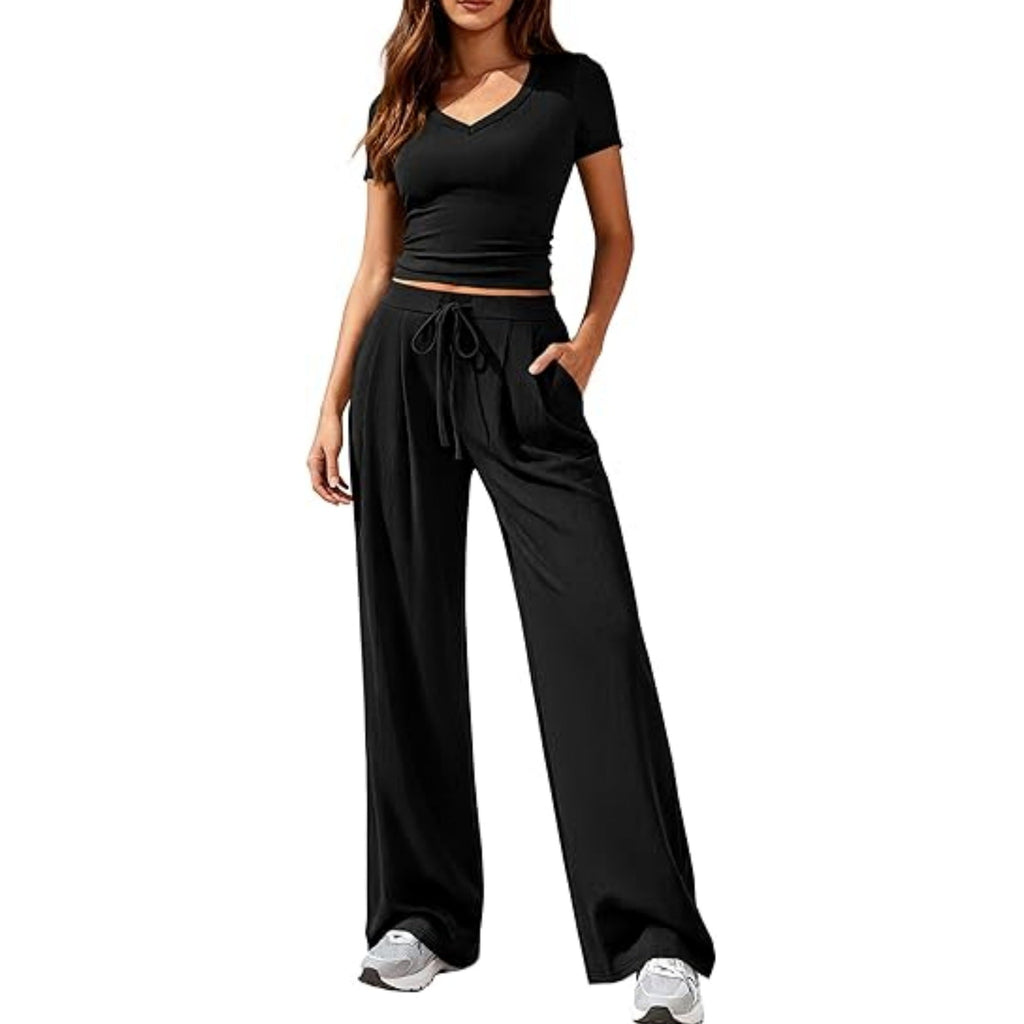 Ladies Casual Lounge Set with Tailored V-Neck Cropped Top and Loose Drawstring Pants
