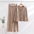 Women's Elegant Knit Loungewear Set with Wide Legs and Decorative Buttons