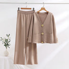 Women's Elegant Knit Loungewear Set with Wide Legs and Decorative Buttons