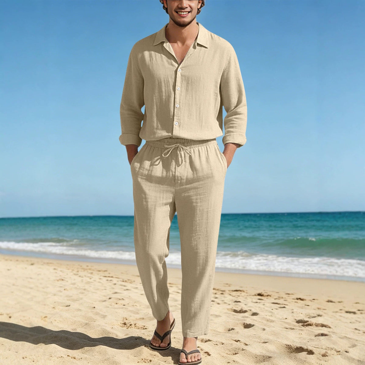 Men's relaxed linen set with open shirt collar and loose drawstring pants