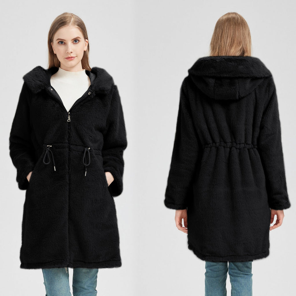Women's Elegant and Warm Parka with Detachable Faux Fur Collar and Practical Lacing Details