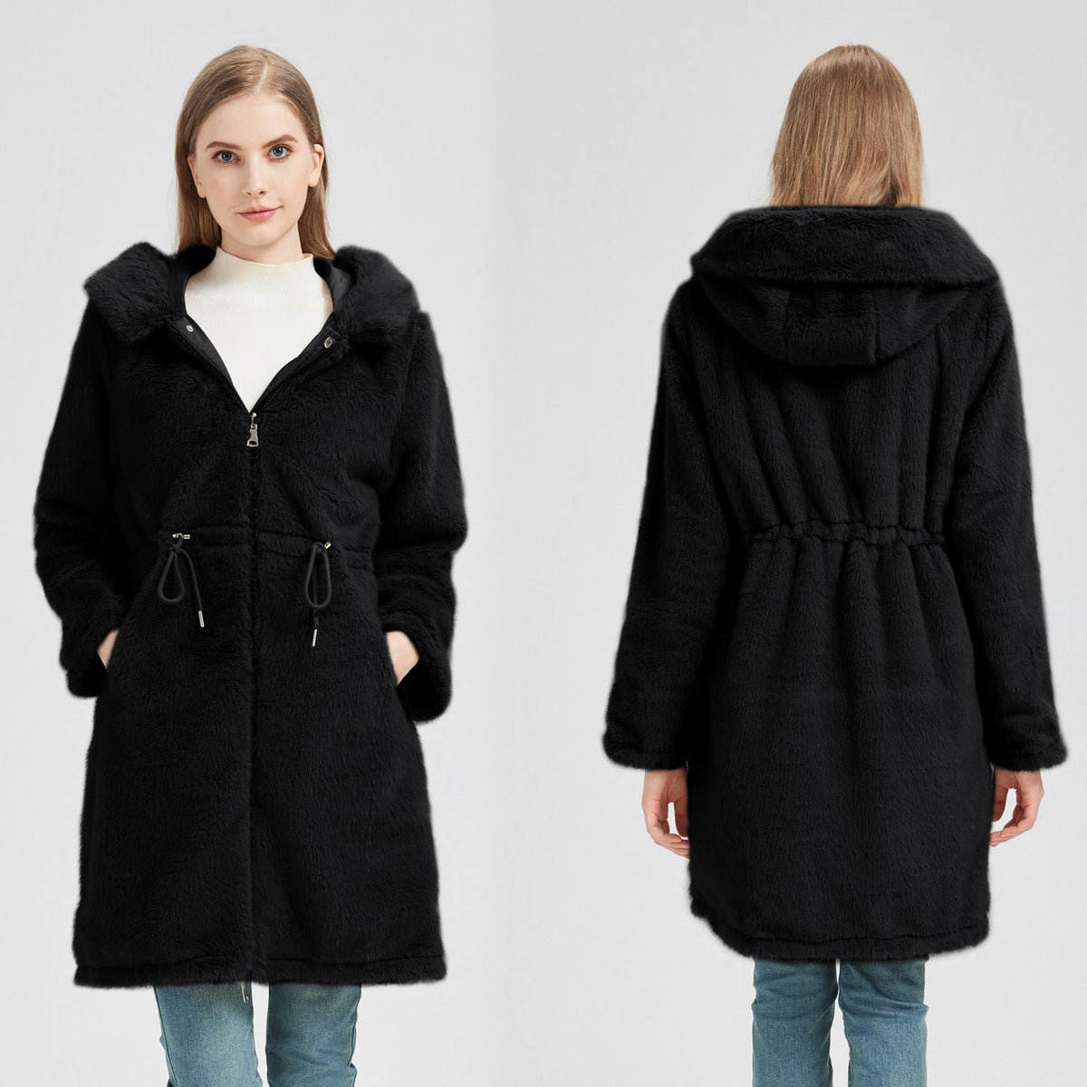 Women's Elegant and Warm Parka with Detachable Faux Fur Collar and Practical Lacing Details