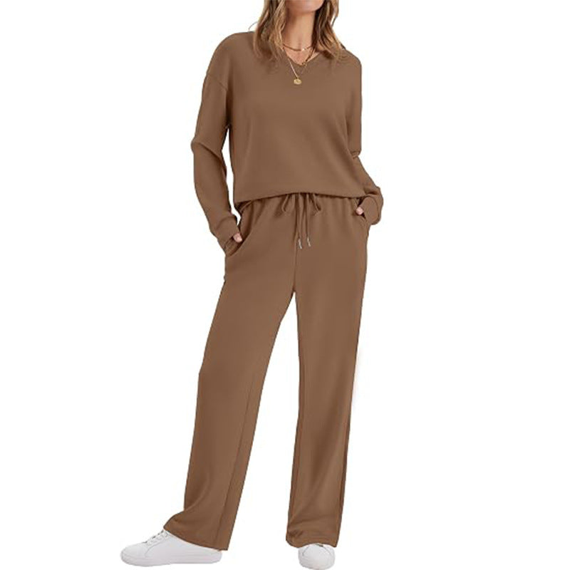 Women's Casual Lounge Set with V-Neck Sweatshirt and Loose Drawstring Pants