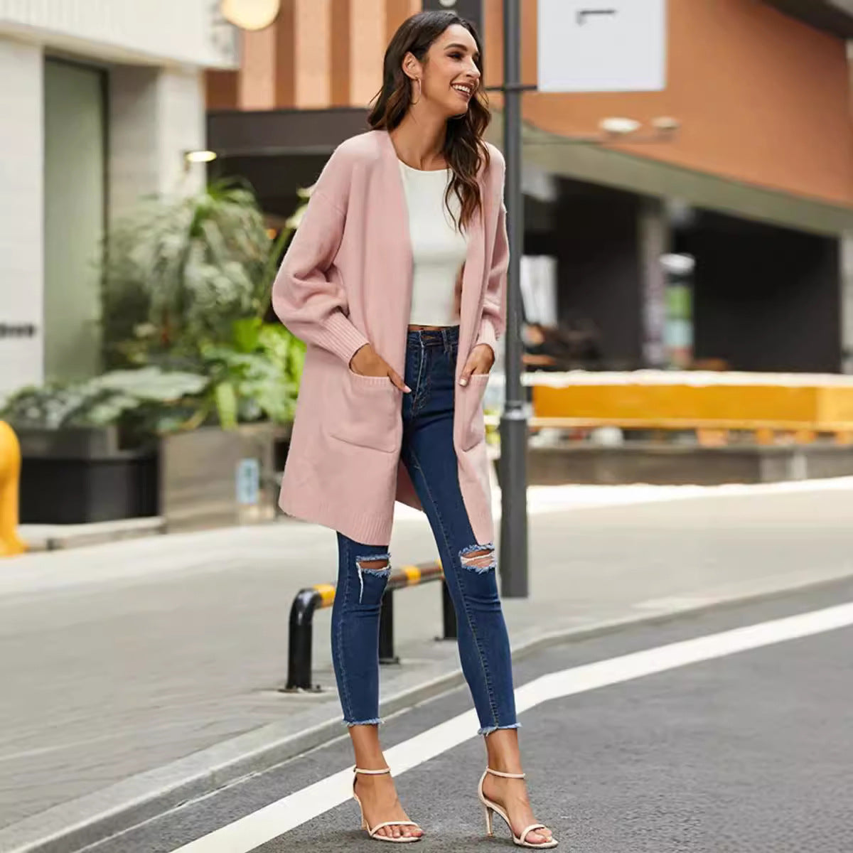 Women's Chunky Knit Kimono Cardigan with Open Sleeves and Pockets