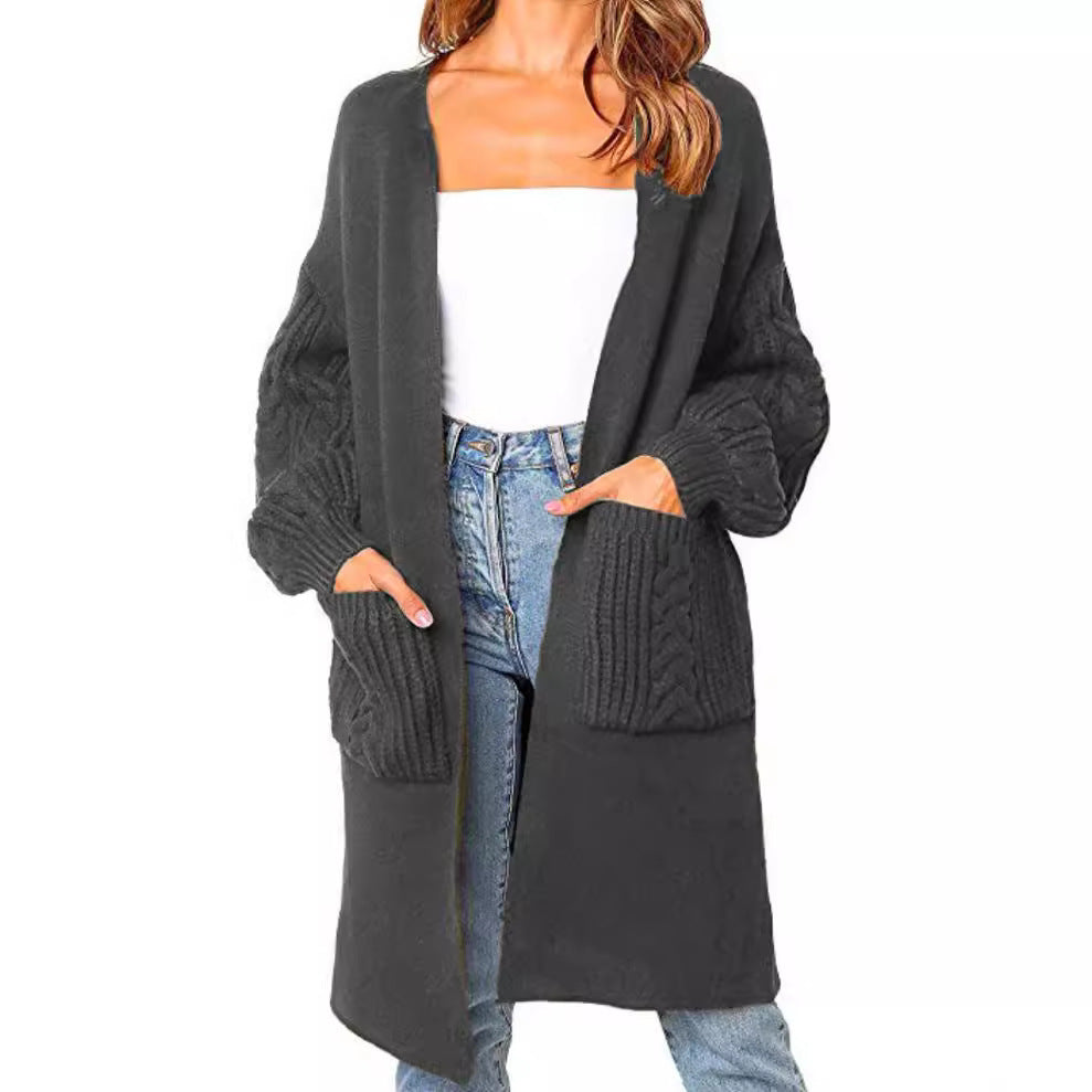 Women's Large Knit Cardigan with Voluminous Sleeves and Practical Pockets