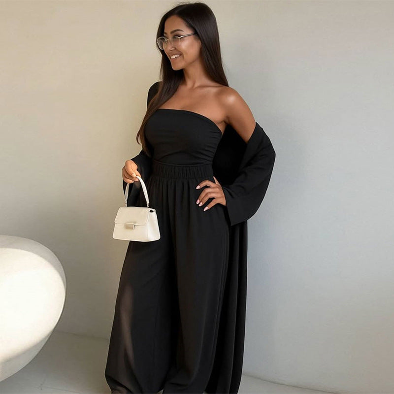 Women's Elegant 3-Piece Set with Wide-Leg Trousers and Fitted Top