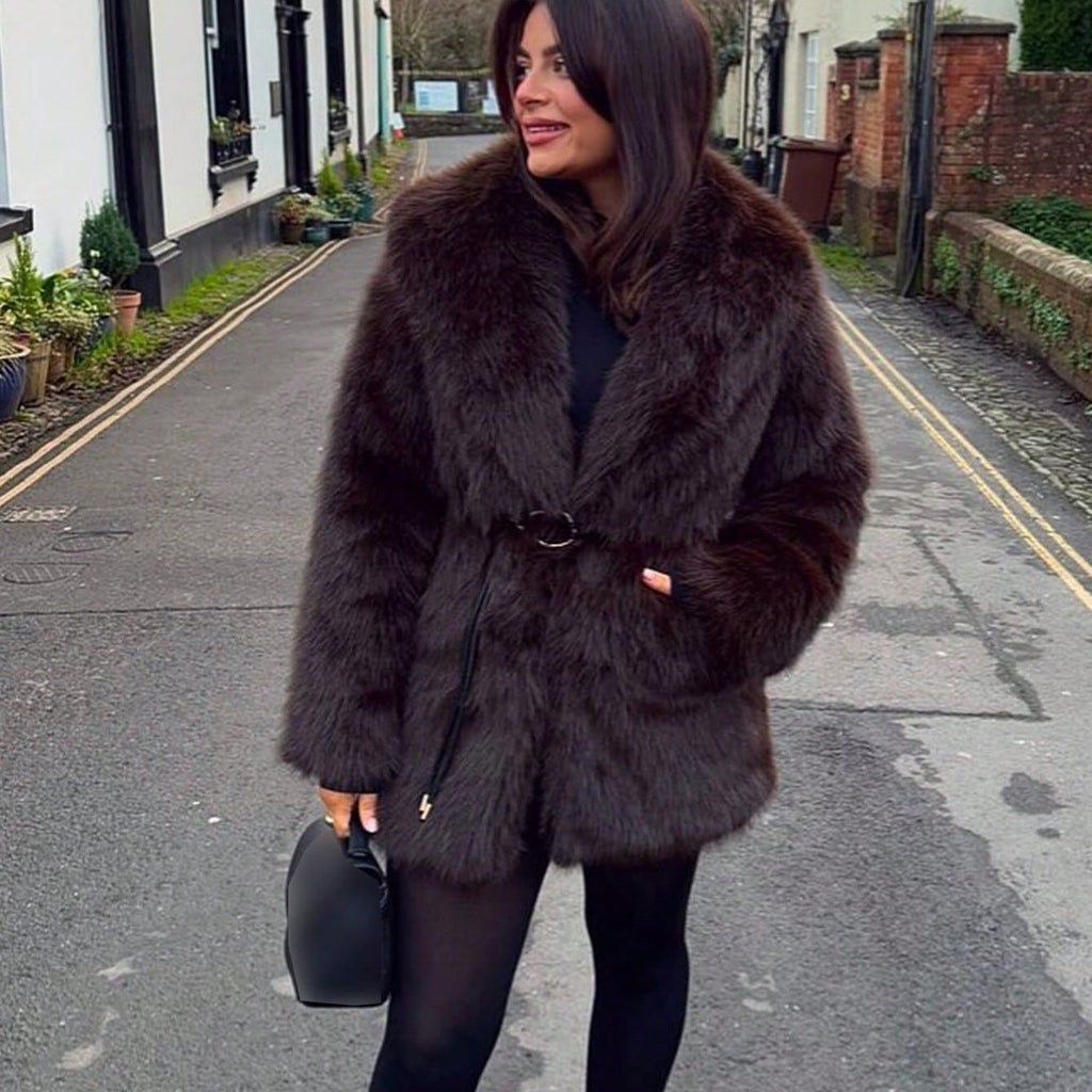 Women's Glamorous Faux Fur Coat with Wide Lapel and Waist Belt