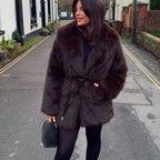 Women's Glamorous Faux Fur Coat with Wide Lapel and Waist Belt