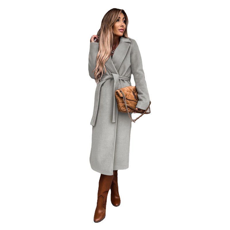 Women's Elegant Wool Coat with Waist Belt and Slit Details