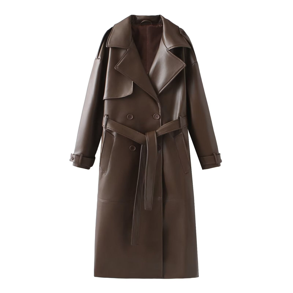 Women's Faux Leather Trench Coat with Elegant Cut and Belt
