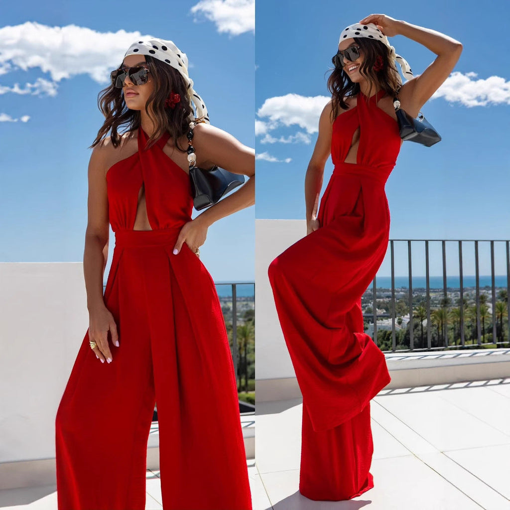 Women's Deep V-Neck Wide-Leg Jumpsuit
