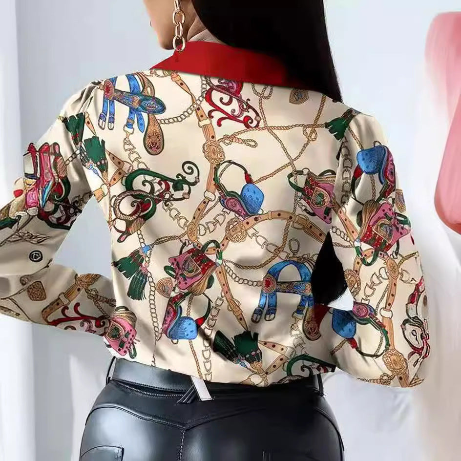 Elegant Blouse with Artistic Print and Decorative Accents