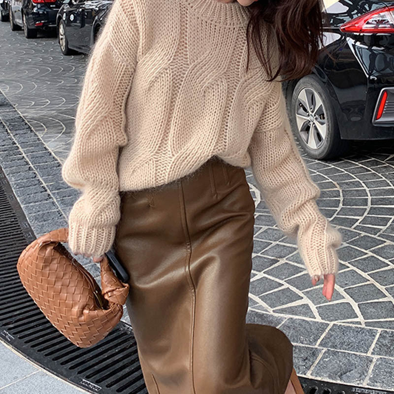 Women's Chunky Knit High-Neck Sweater with Wide Fit