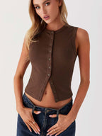 Sleeveless Ribbed Button-Down Top
