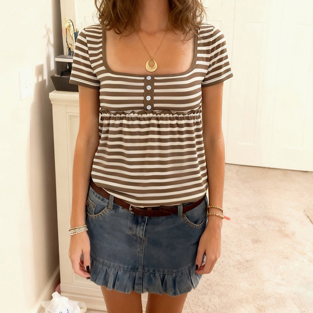 Women's Short-Sleeve Blouse with Gathered Hem and Button Placket