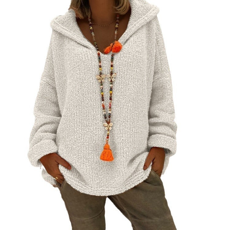 Women's Comfortable Knit Sweater with Hood and Casual Cut