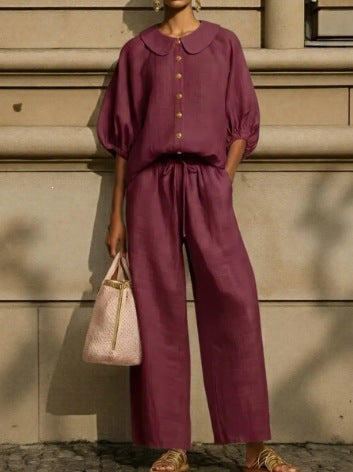 Women's Airy Two-Piece Set with Modern Collar and Button Details