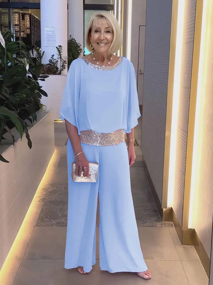 Elegant Jumpsuit with Shimmering Bodice and Wide Leg