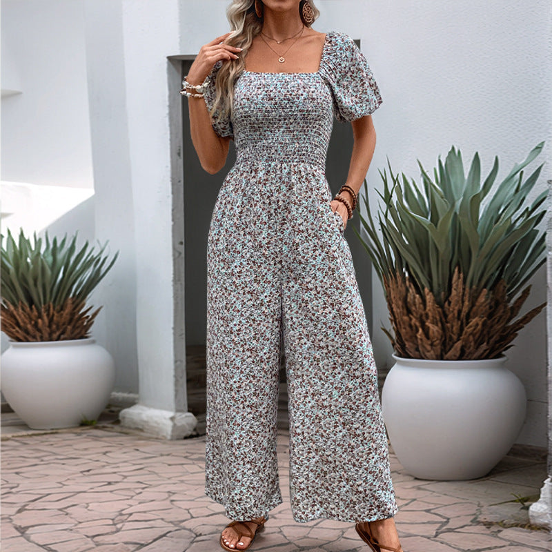 Women's Colorful Floral Summer Jumpsuit with Puff Sleeves