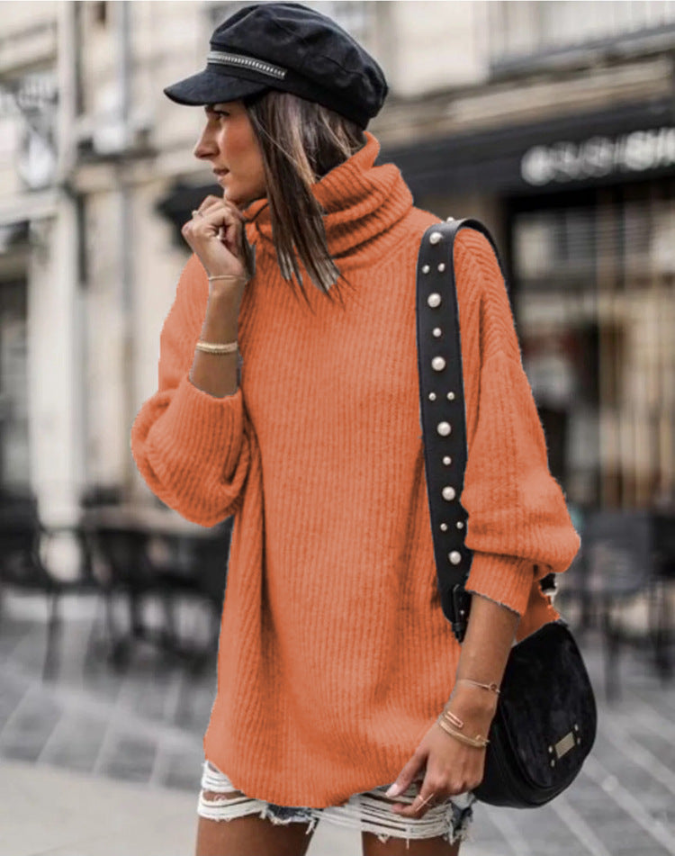 Women's Chunky Knit Sweater with High Collar and Casual Fit
