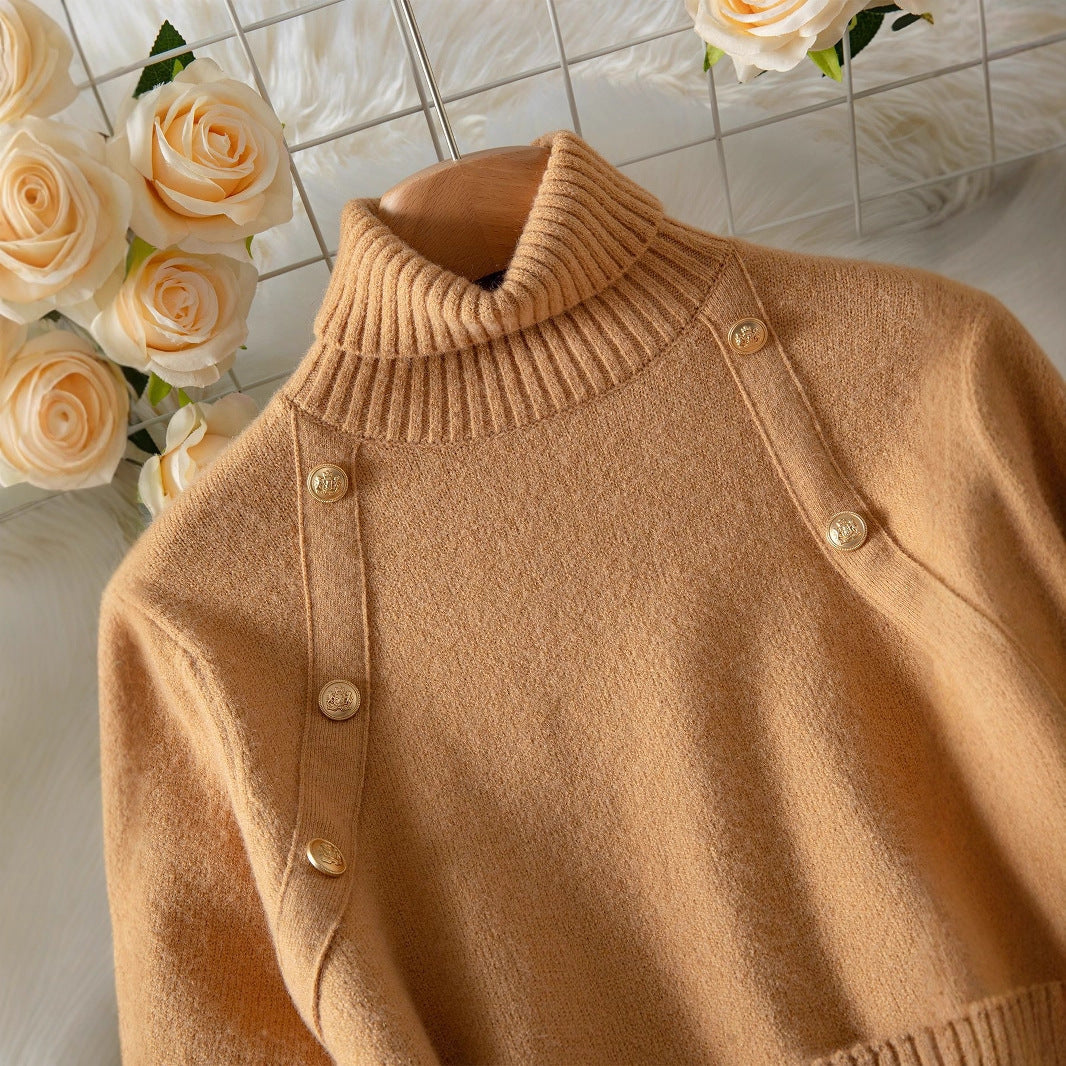 Elegant High-Neck Knit Sweater with Decorative Buttons