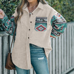 Women's Corduroy Jacket with Decorative Ethnic Pattern