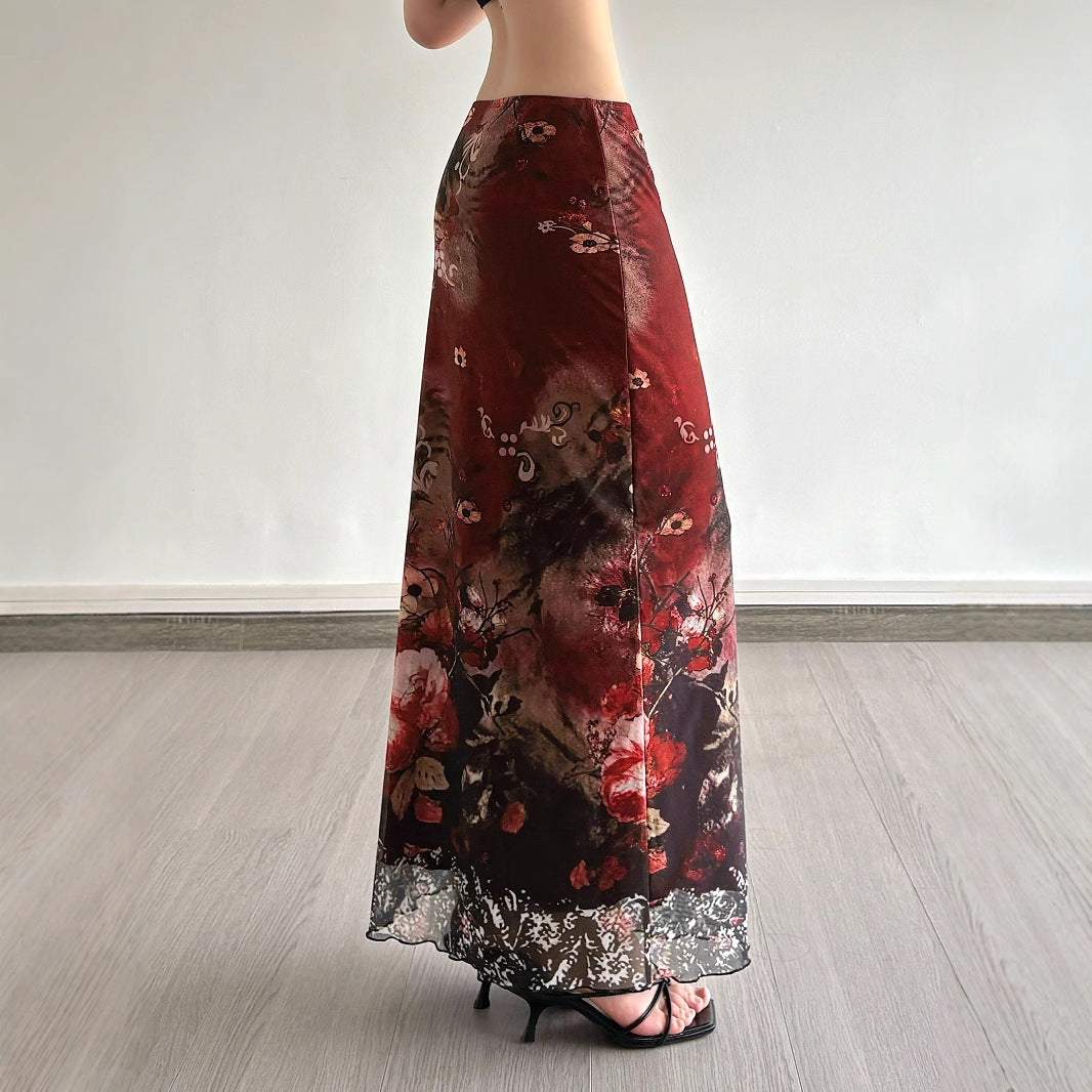 Women's Long Satin-Chiffon Maxi Skirt with Floral Watercolor Print