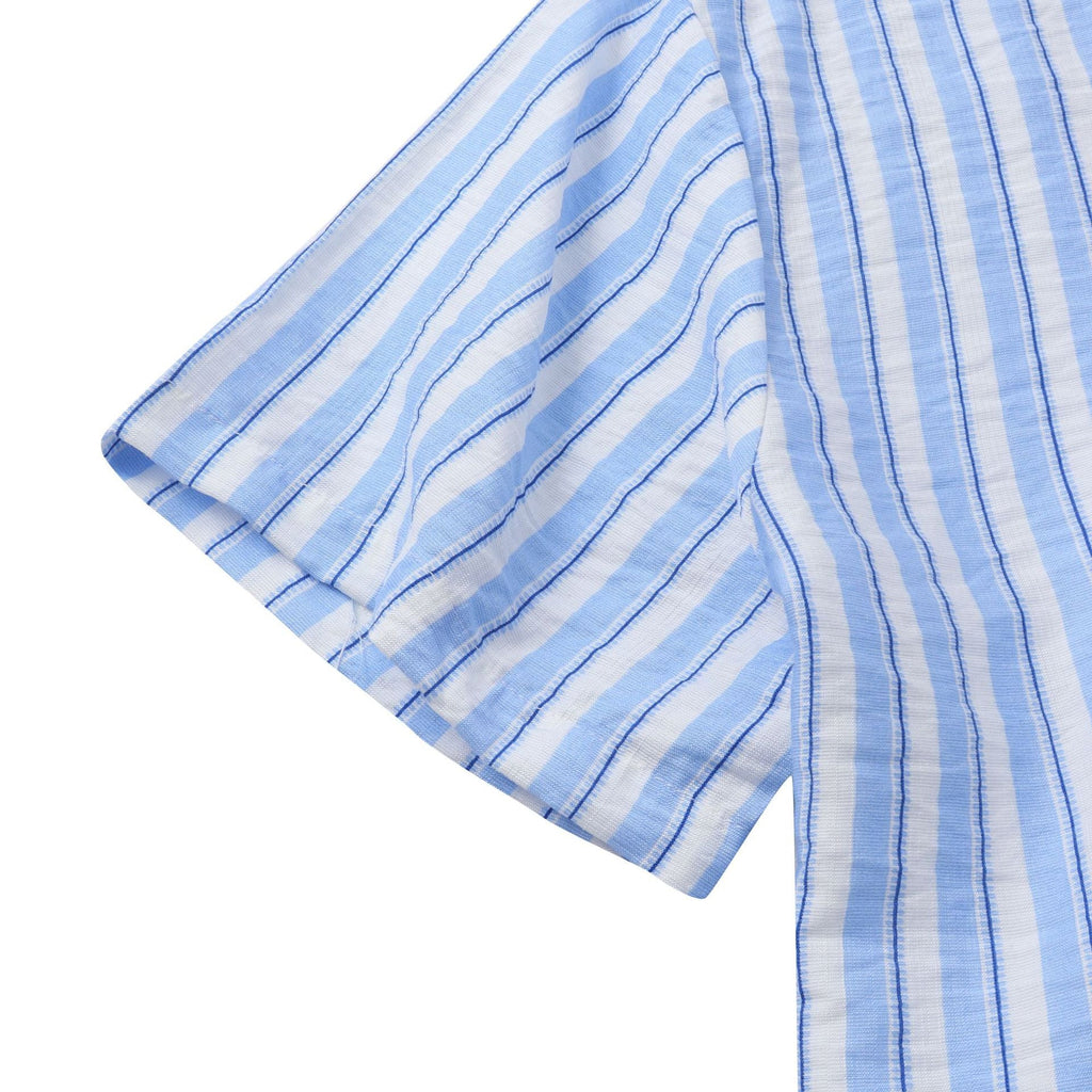 Women's Short-Sleeve Shirt with Casual Stand-Up Collar and Fine Stripe Pattern