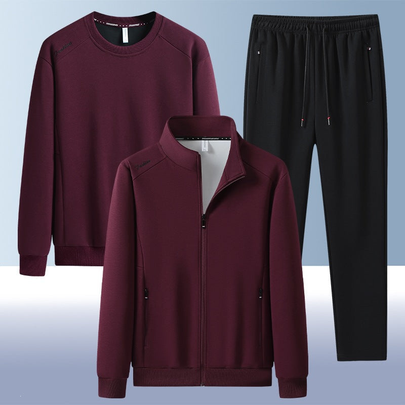 Men's two-piece training set with stand-up collar zip jacket, round neck sweatshirt, and tapered jogging pants