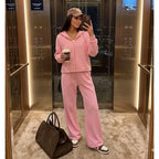 Women’s Casual French Terry Lounge Set with Short Zip Hoodie and Wide-Leg Joggers